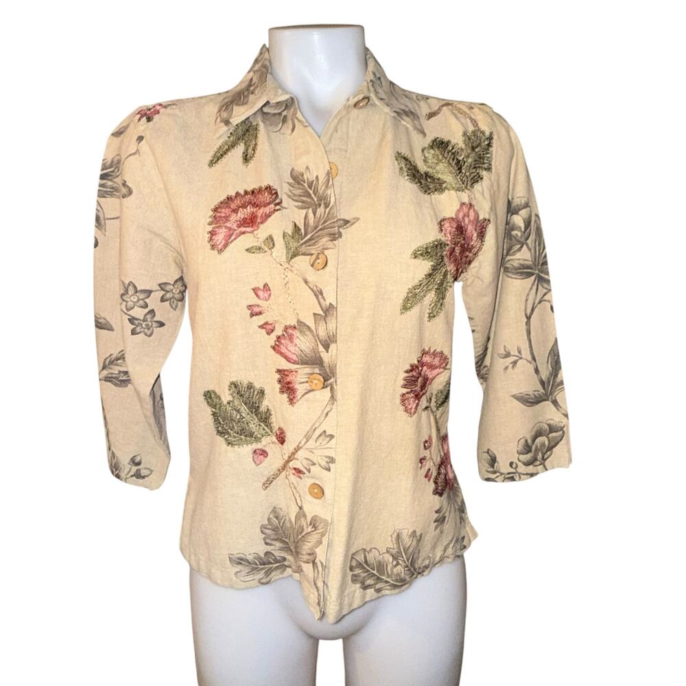 Vintage Linen Blend Button Front 3/4 Sleeve Floral Print Top Blouse Beaded SM